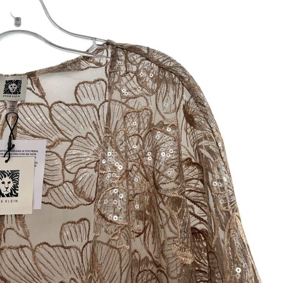 Anne Klein Women's Sheer Floral Sequined Open Front Top Latte Size S/M New - Picture 4 of 9